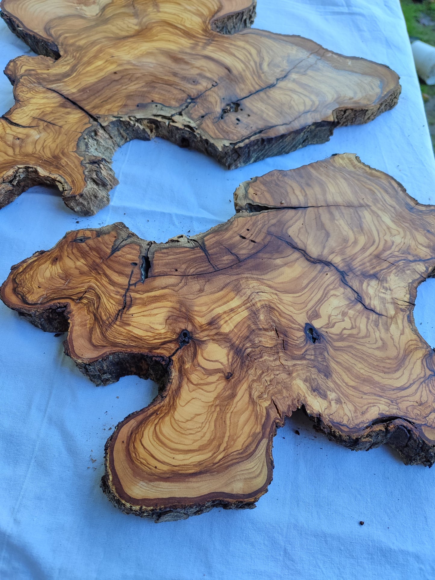 Rare Olive Wood Slab Set 2pcs 53x53cm - Super Dry 3% Moisture - Live Edge for Epoxy Resin, Guitar Body & Luxury Decor - Unique Grain.