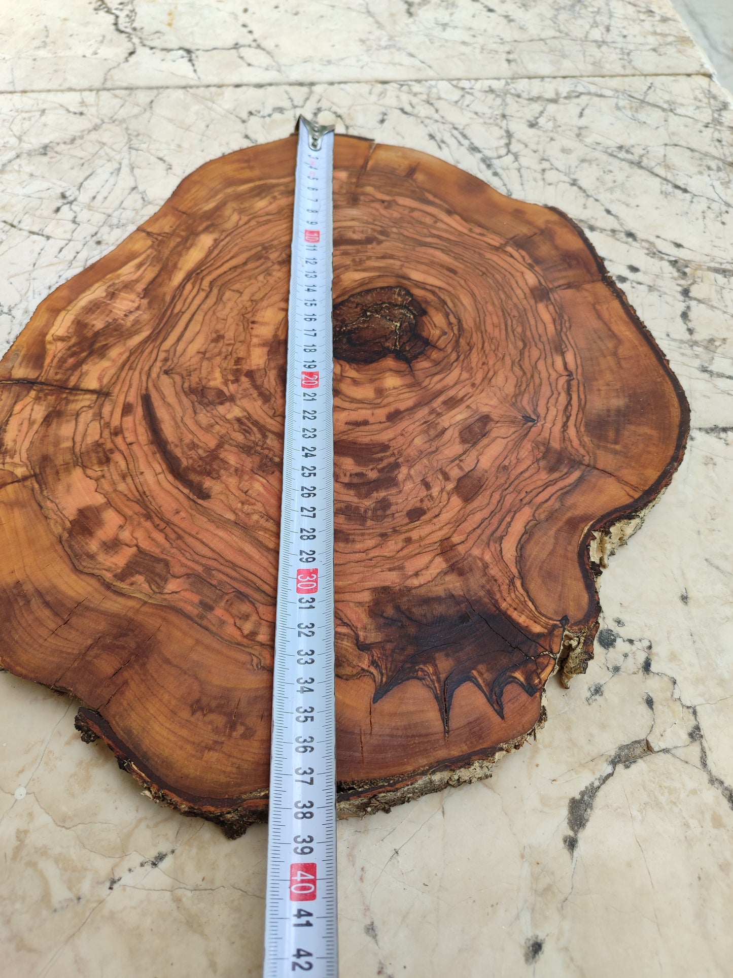 Rare Olive Wood Live Edge Slab - Unique Grain, Sustainable Luxury - 32x38x2.5cm Premium Natural Luster