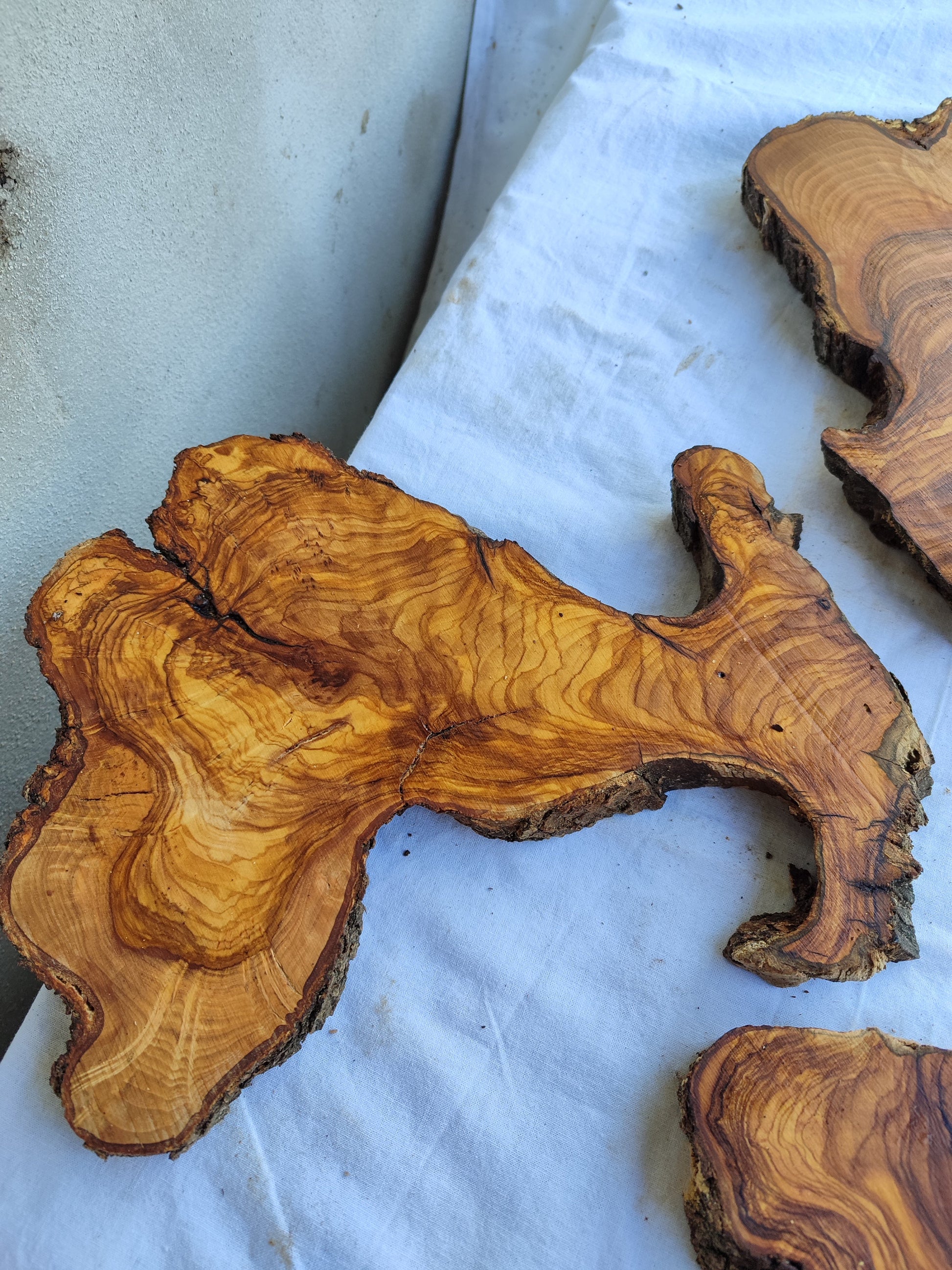 3pcs Rare Live Edge Olive Wood Slab 55x56cm | Super Dry 3% Moisture | Unique Grain for Epoxy Resin, Guitar Body & Luxury Art.