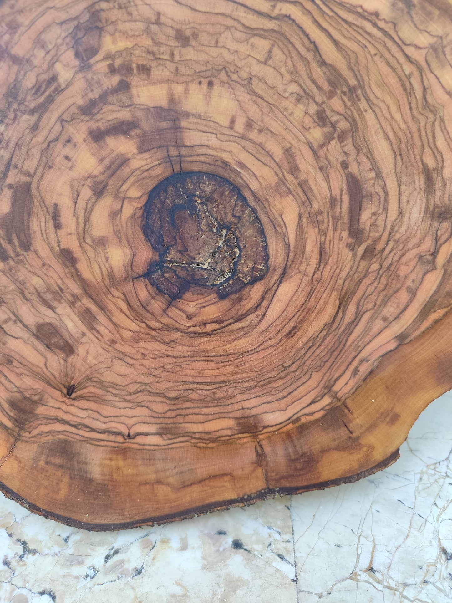 Rare Olive Wood Live Edge Slab - Unique Grain, Sustainable Luxury - 32x38x2.5cm Premium Natural Luster