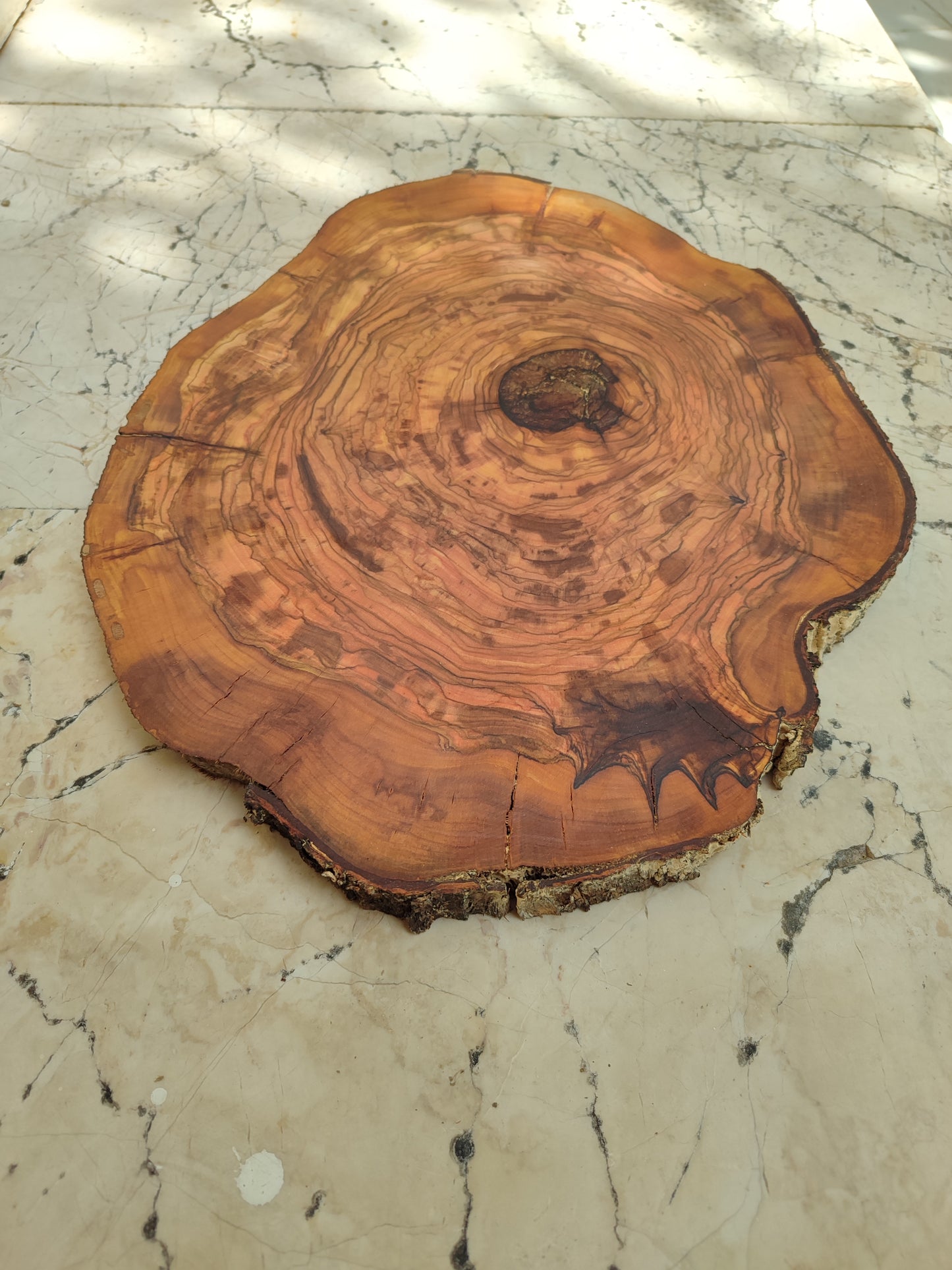 Rare Olive Wood Live Edge Slab - Unique Grain, Sustainable Luxury - 32x38x2.5cm Premium Natural Luster