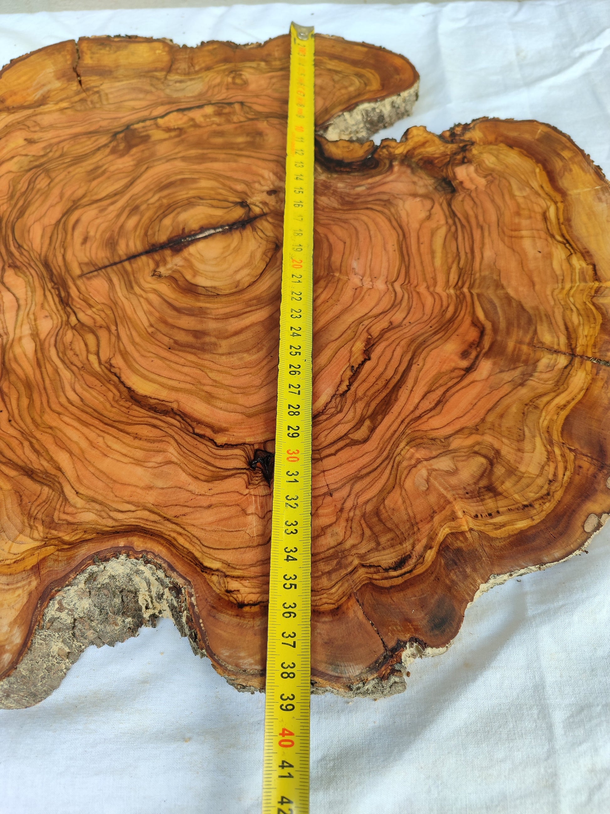 Rare Olive Wood Slab – Live Edge Unique Grain Sustainable Luxury – 39x43x2.5cm Premium Natural Luster Epoxy Friendly