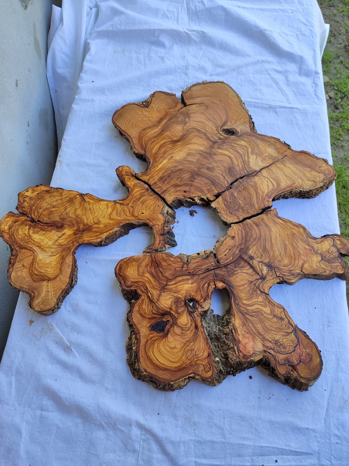 3pcs Rare Live Edge Olive Wood Slab 55x56cm | Super Dry 3% Moisture | Unique Grain for Epoxy Resin, Guitar Body & Luxury Art.