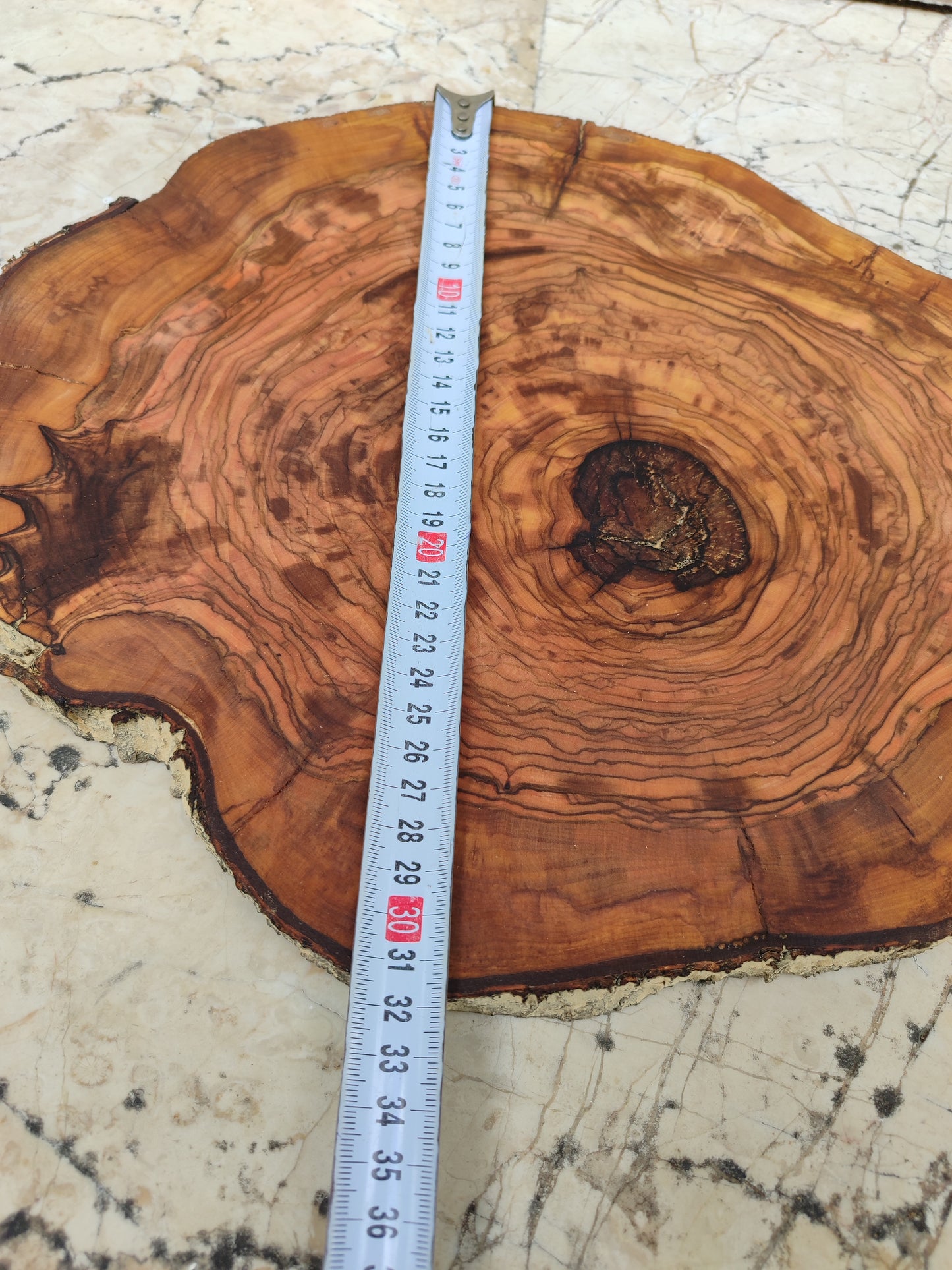 Rare Olive Wood Live Edge Slab - Unique Grain, Sustainable Luxury - 32x38x2.5cm Premium Natural Luster