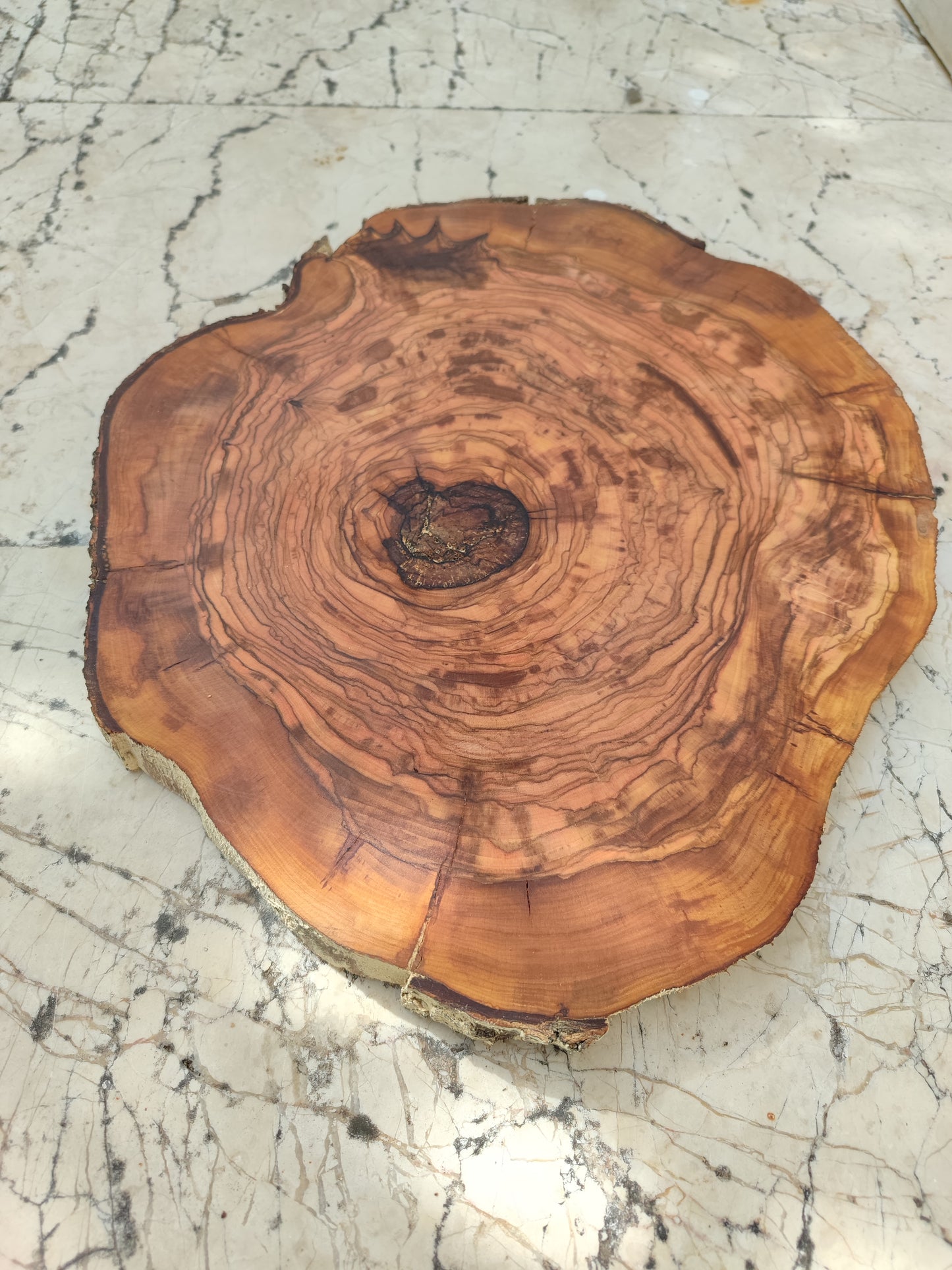 Rare Olive Wood Live Edge Slab - Unique Grain, Sustainable Luxury - 32x38x2.5cm Premium Natural Luster
