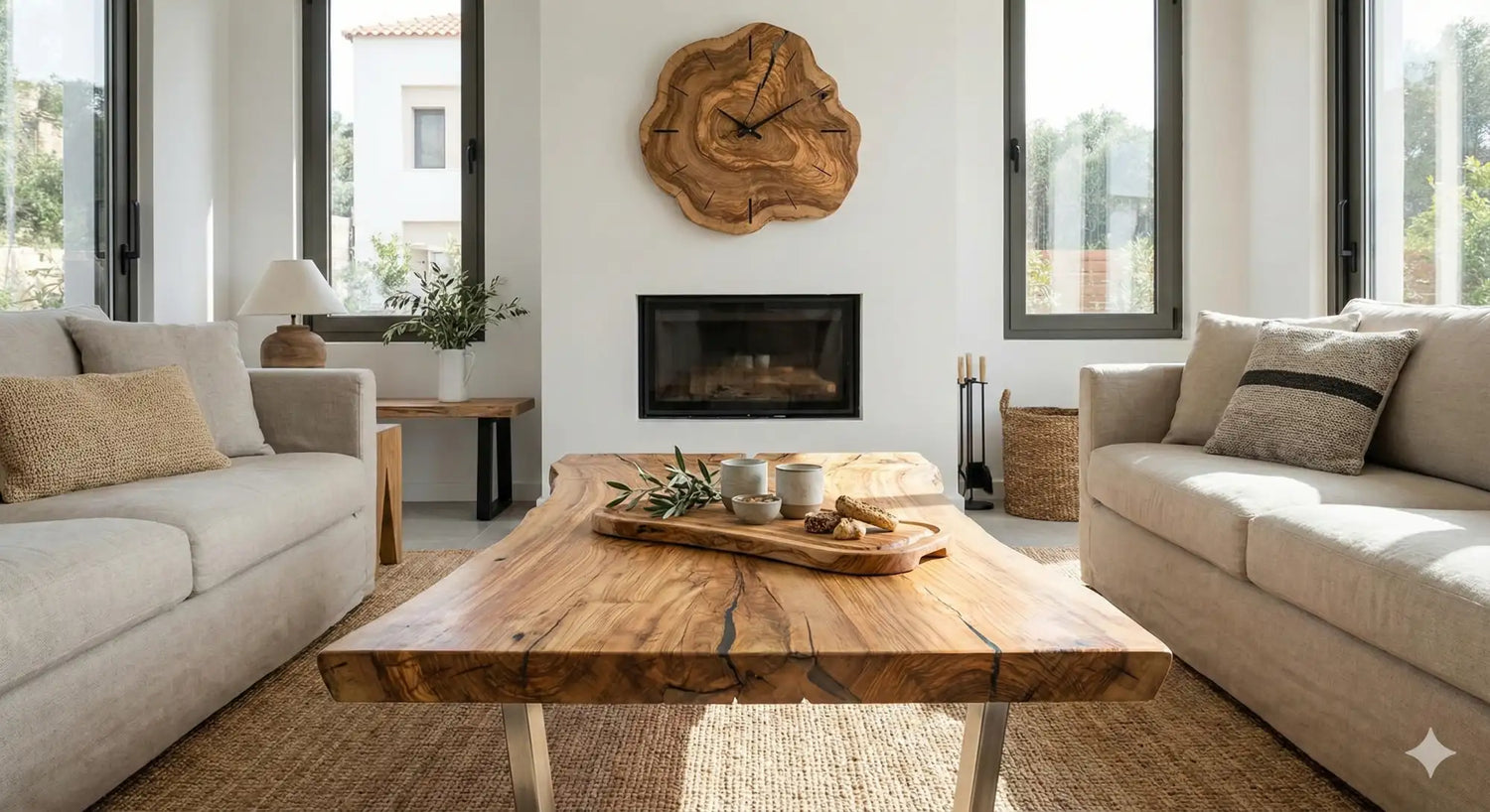 A rustic, light brown wooden coffee table with a natural wood grain and visible knots.